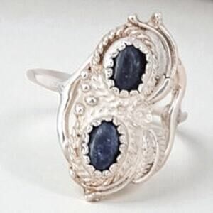 Vintage Sterling Silver Lapis Double Oval Leaf Ring Boho Size 5 Southwestern